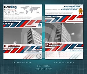 Two sided brochure or flayer template design with exterior blurred black and white photo elements. Mock-up cover in blue-red absta